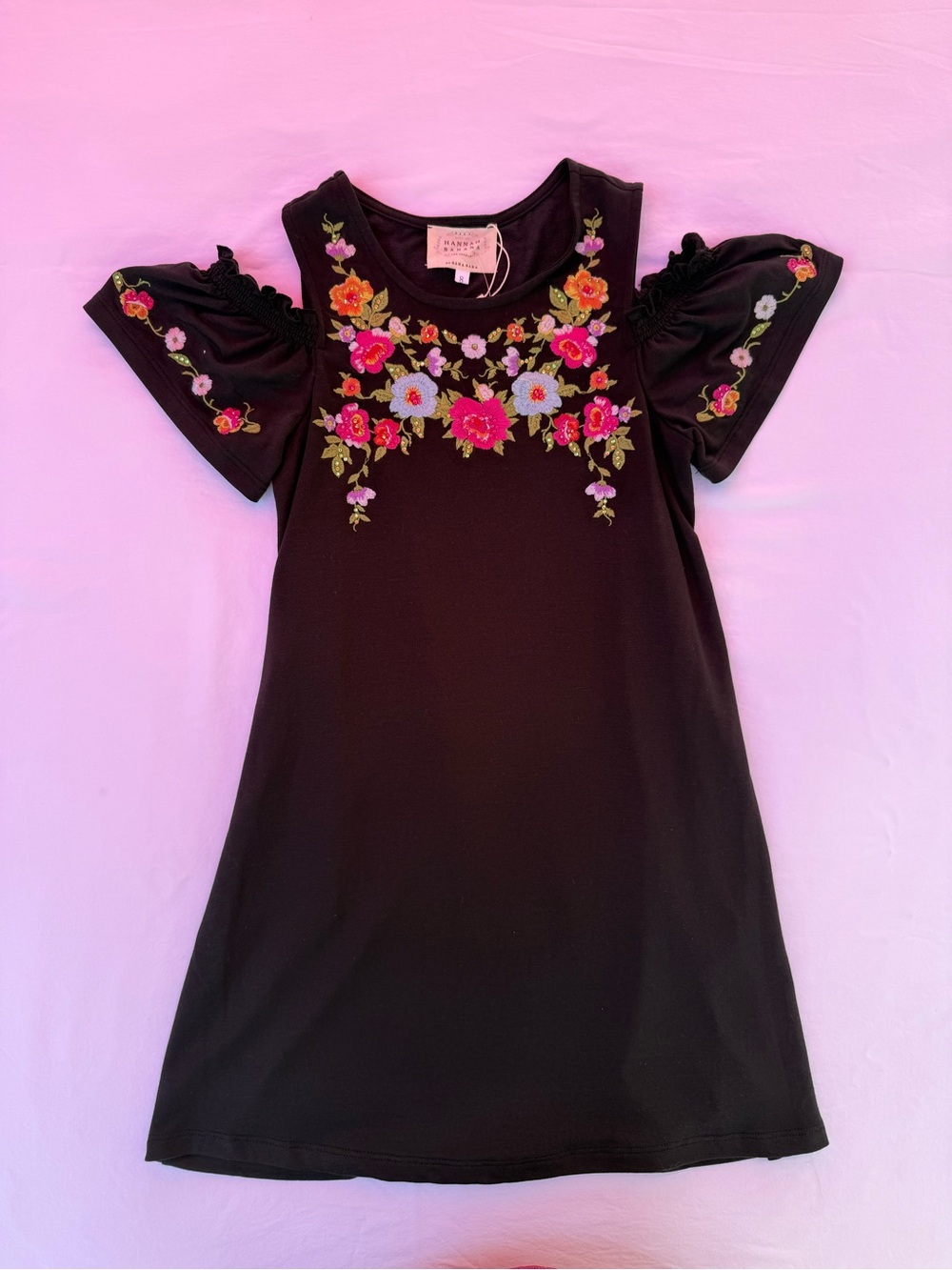 Hannah Banana Black Cold-Shoulder Dress with Pink & Coral Floral Embroidery